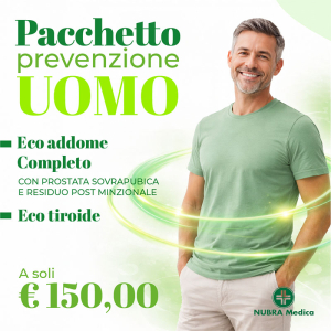 Pacchetto Prevenzione Uomo Nubra Medica a €150: eco addome completo, controllo prostata ed eco tiroide per la prevenzione e il benessere maschile.